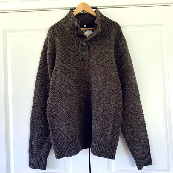 Schott Bros Sweater Heavy Woven Knit Pullover Henley Button Brown Wool Size XL - Picture 7 of 7
